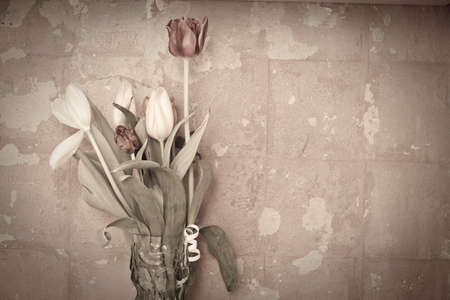 Tulips in vase over grunge backgroundの写真素材