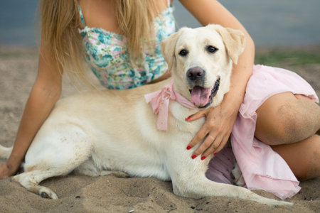 Young woman with her dog at the beachの写真素材