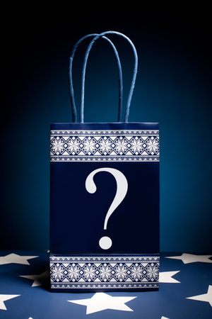 Gift bag with question symbol on it. Concept - thinking about holiday gifts. の写真素材