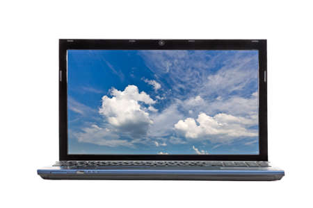 Stylish thin laptop isolated over white backgroundの写真素材