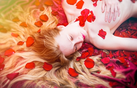 Portrait of the young woman in red rosesの写真素材