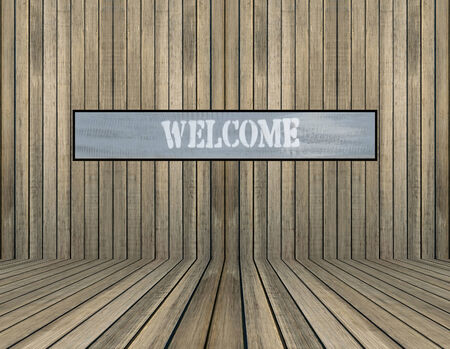 welcome sign on old wood wallの写真素材