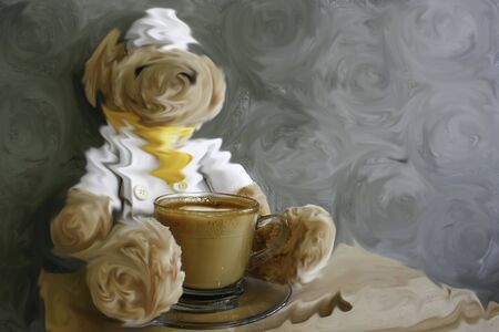 latte coffee on a wood table with smudge blurred bear and wallの写真素材