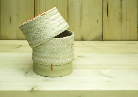 Bamboo wooden rice box with copy space for textの写真素材