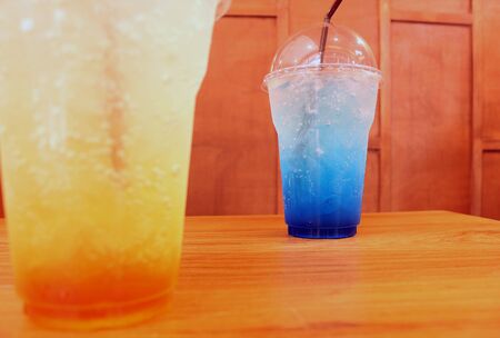 Blueberry flavor aerated drinks whit ice soda water in glassの写真素材
