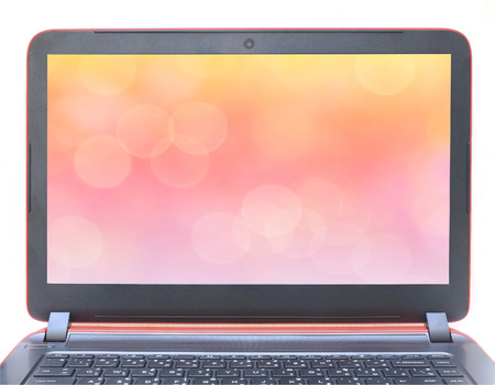 laptop with colorful circles of light abstract backgroundの写真素材