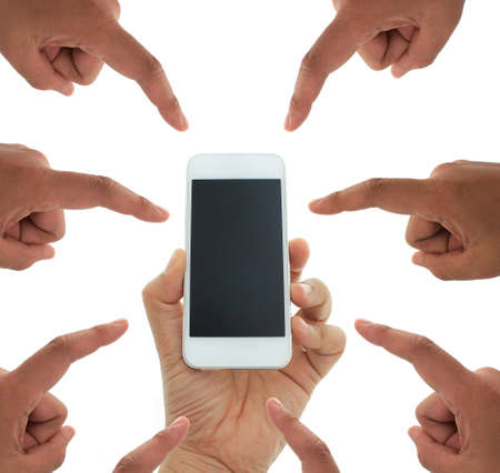 Phone in hand - to work on a smartphone with a blank screenの写真素材