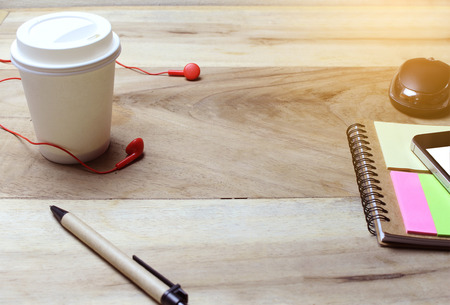 Creative flat lay of workspace office desk with copy space backgroundの写真素材