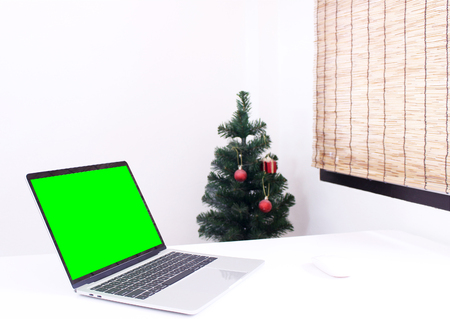 side view,office table desk. workspace with notebook and mouse on copy spaceの写真素材