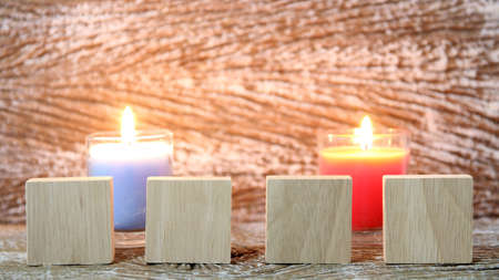 candle with wooden sign concept happy new year and merry christmasの写真素材