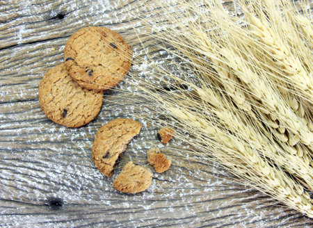 round chocolate chip cookie with crumbs and dried barley plant on wood table backgroundの写真素材