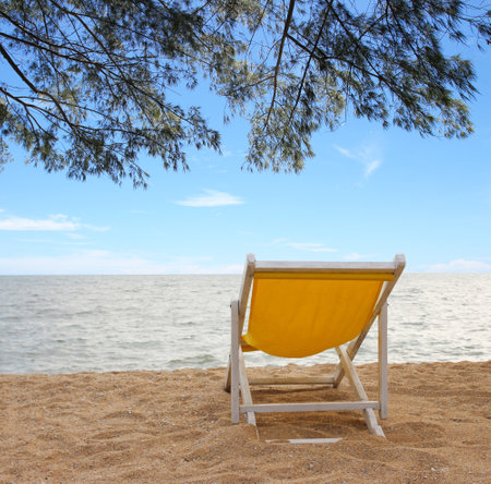 Beach chair on white sand and pine leaves against cloudy blue skyの写真素材
