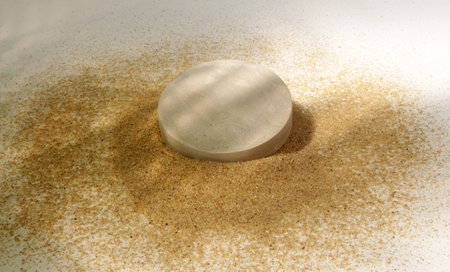 podiums on the sand for presentation show product cosmetic display , stage pedestal or platform backgroundの写真素材