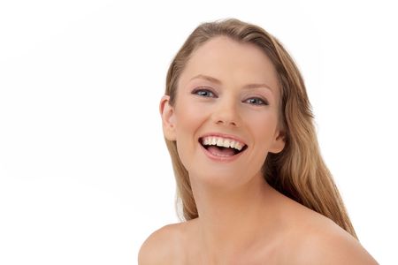 Portrait of the young European happy woman with blue eyes, on white background
の写真素材