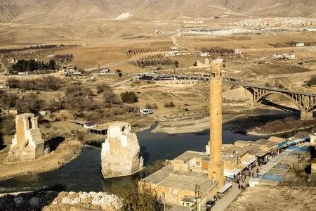 The landscape of the Hasankeyf region. Ancient residential area in Anatolia, Turkeyの写真素材