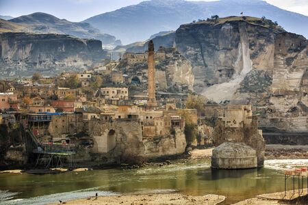 The landscape of the Hasankeyf region. Ancient residential area in Anatolia, Turkeyのeditorial素材