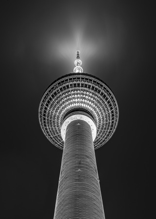 Berlin Germany. Silver sphere or TV tower by night in black and whiteのeditorial素材