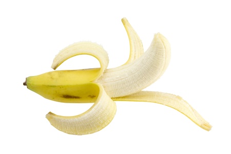 Open banana isolated on white backgroundの写真素材