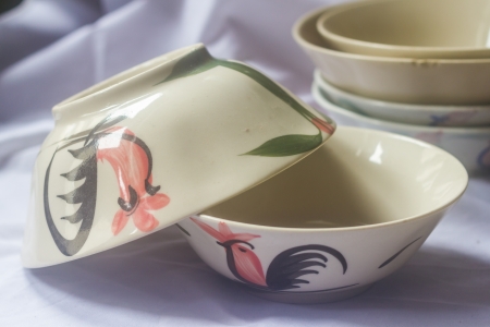 Vintage ceramic bowl painting a chicken picture From Thailand,の写真素材