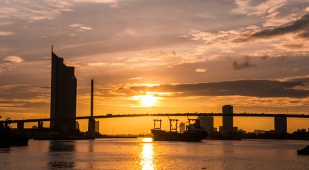 Bangkok cityscape with   Chao Phraya river side scene in Bangkok City, Thailandの写真素材