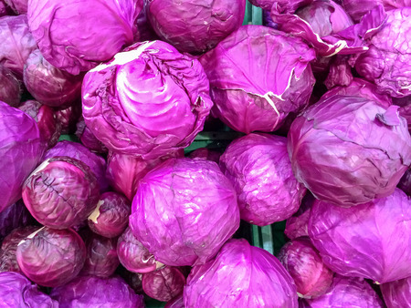 Fresh picked red cabbage on display at the marketの写真素材