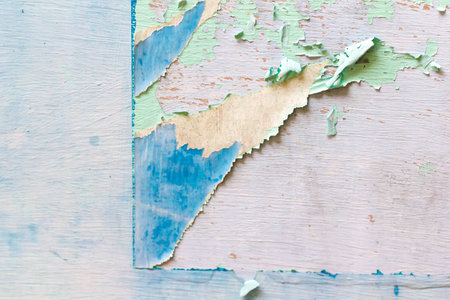 Wooden board background with dirty blue color paperの写真素材