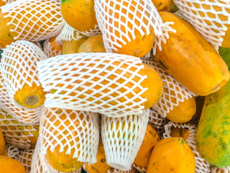 Yellow papaya stack in marketの写真素材