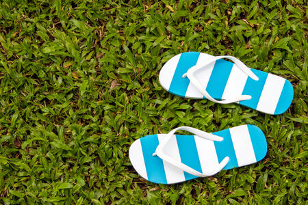 Flip flops on grass field of a relaxed day の写真素材