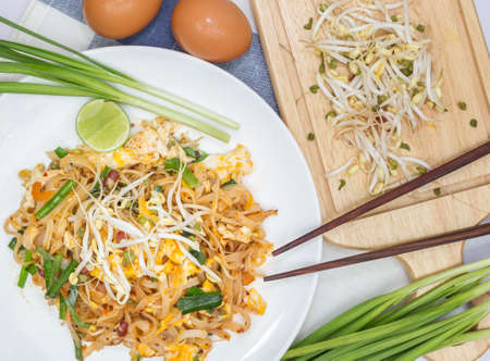 Seafood pad Thai dish of fried rice noodles