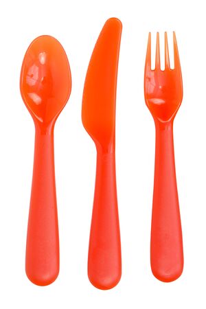 Tableware. Set of colored plastic fork, knive and spoon on white backgroundの写真素材
