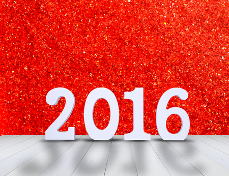 2016 year white wood number in perspective room with red sparkling bokeh wall and white wooden plank...