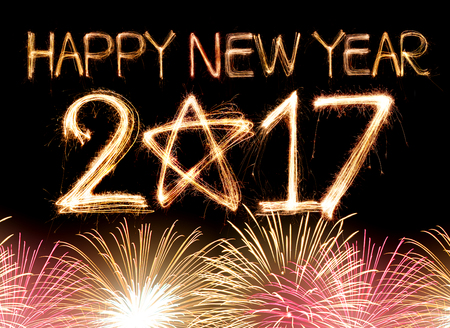 Happy new year 2017 word made from sparkler light fireworkの写真素材