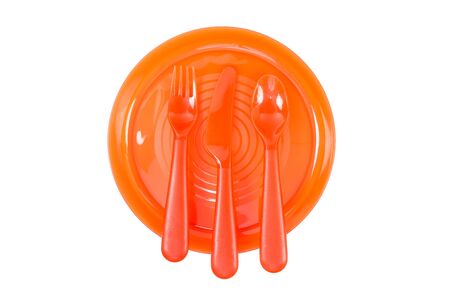 bright plastic disposable tableware isolated on white backgroundの写真素材