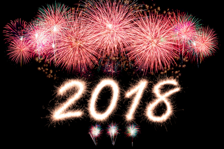 2018 written with Sparkle firecracker and fireworkの写真素材