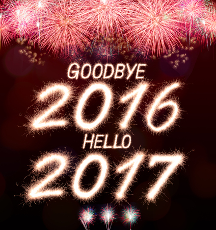 goodbye 2016 hello 2017 written from Sparkle firework with  firework backgroundの写真素材