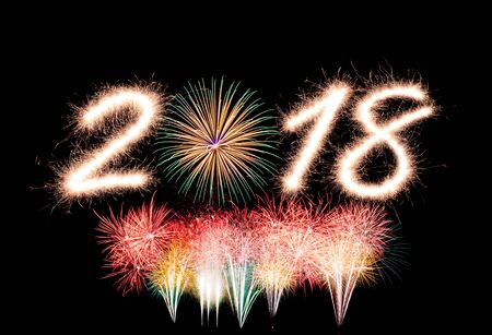 2018 written with Sparkle firecracker and fireworkの写真素材