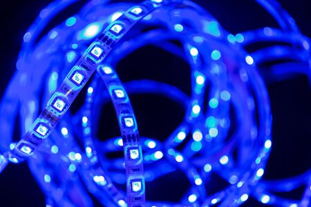 Close up of Blue Led stripe light on black background, Selective focusの写真素材