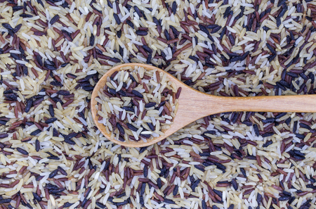 mixed of Thai rice varieties, brown rice, mixed wild rice, white (jasmine) rice in wooden spoon over mixed Rice varieties background, Selective focusの写真素材
