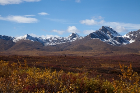 Wilderness of Alaska tundra in late fall with snow on mountainsの写真素材