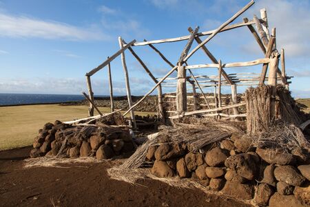 A Hawaiian shelter overlooking ocean in a national historic landmarkの写真素材