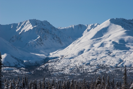 Winter mountains rise sharply above the landscape of Interior, Alaskaの写真素材