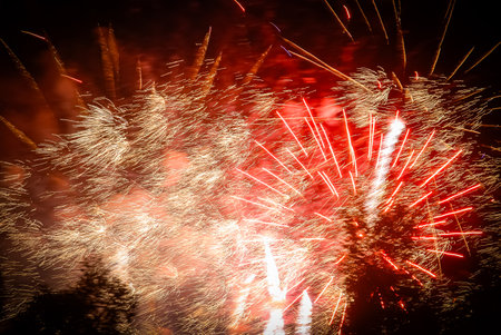 Fireworks in the night sky. Selective focus. Toned.の写真素材