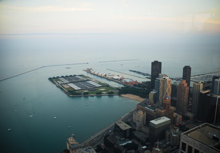 Aerial view of Chicago downtown and Lake Michigan from the helicopter.の写真素材