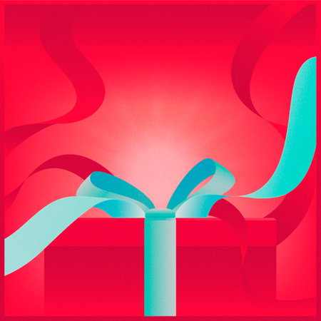 Gift box with blue ribbon on a red background. Vector illustration.の写真素材