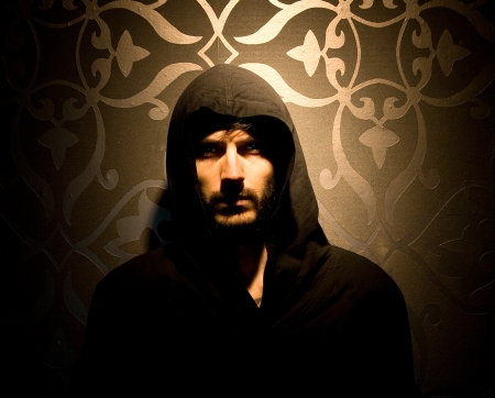 Caucasian model with hood over his headの写真素材