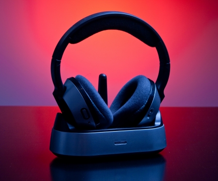 Wireless headphones shot in dramatic setting and lightの写真素材
