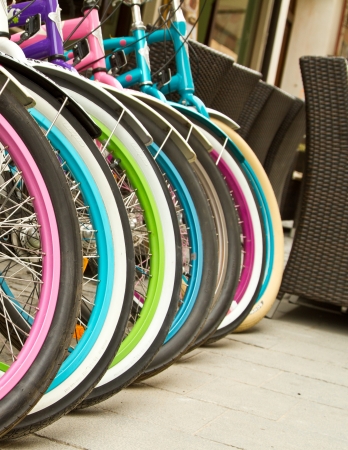 Wheel detail of a group of bikesの写真素材