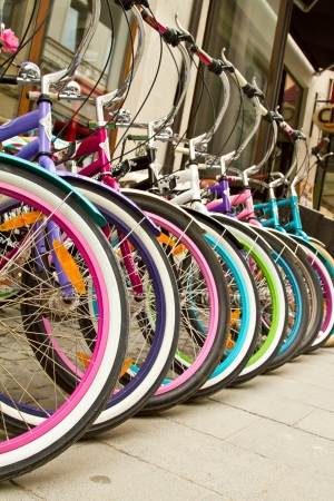 Wheel detail of a group of bikesの写真素材