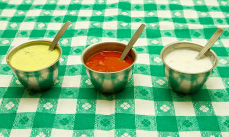 Mint, tomato and cream saucesの写真素材