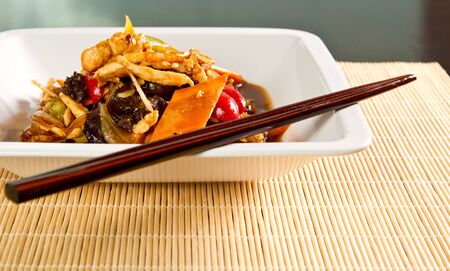 Chinese specialty with chicken vegetables and spicesの写真素材